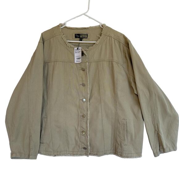 Suzanne Betro Denim Jacket Women Plus SZ 4X Khaki Chambray Beige Classic Frayed - Picture 1 of 16